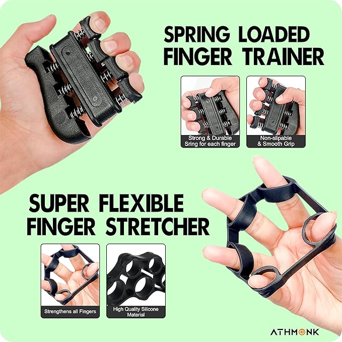 Athmonk Hand Gripper Kit - Hand Exercise Physiotherapy Equipments - Finger Strengthener & Stretcher - Stress Buster Gripper Ball - Adjustable Hand Gripper - Hand Grip Donut Ring - 5 Pcs Set